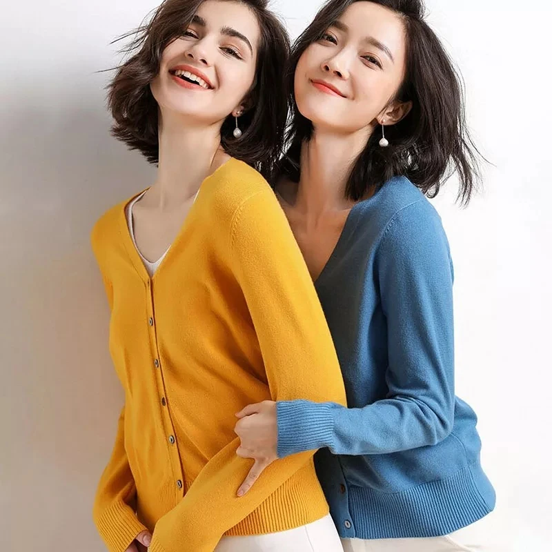 

JULY Women Knitted Sweater Cardigan Korean Style V Neck Autumn Long Sleeve Coat Female Red Black Wild Ladies Clothing Minimali