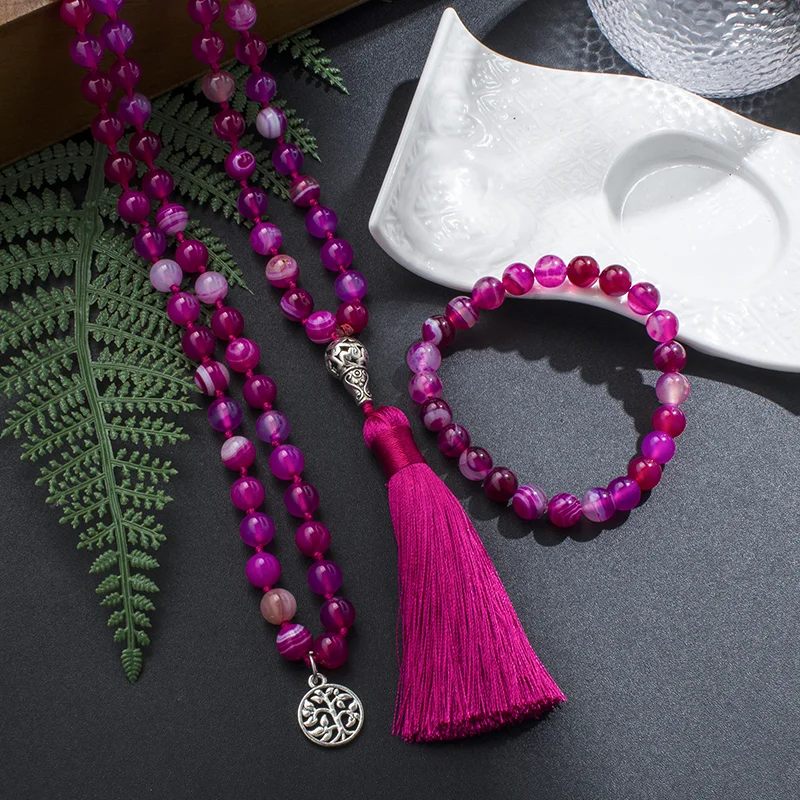 8mm Rose Red Striped Agate Mala Necklace 108 Japamala Beaded Knotted Meditation Yoga Spiritual Life Tree Woman Jewelry Sets