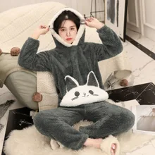 Женская фланелевая кофта с капюшоном, пижамы, зимние пижамные комплекты, розовые милые Мультяшные животные, женская ночная сорочка, толстая Пижама, женская повседневная домашняя одежда