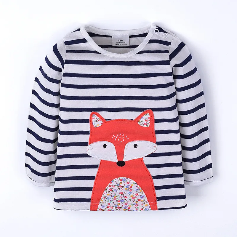 Funnygame/Хлопковые футболки в полоску для девочек с аппликацией лисы, новая осенне-весенняя одежда для малышей футболки с длинными рукавами с изображением животных для девочек - Цвет: W5281 Fox