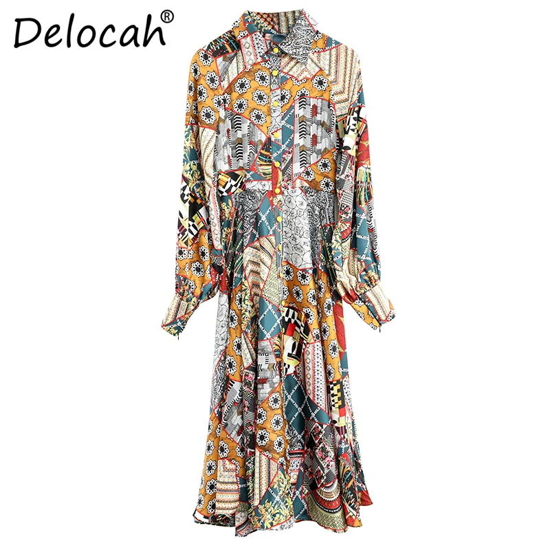 Delocah, весенне-летнее женское платье, подиумное, модное, дизайнерское, рукав-фонарик, простая пуговица, винтажное, с принтом, элегантные, тонкие платья