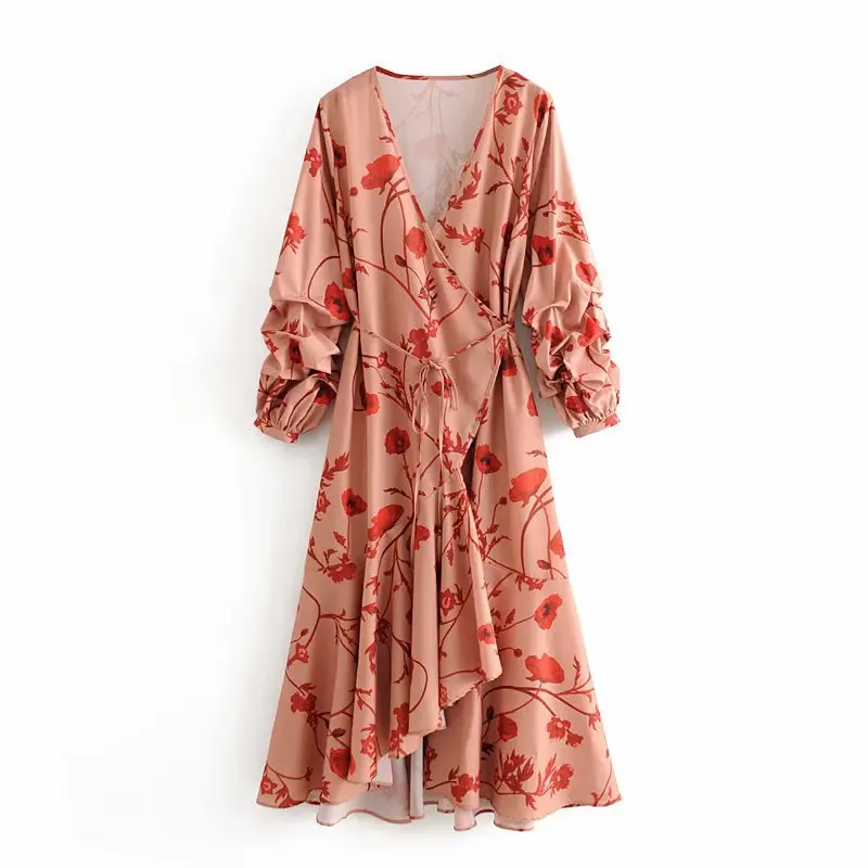 

Europe And America WOMEN'S Dress 2020 Spring And Autumn New Style Elegant Printed Crinkled Wrap Dress A9ms2618