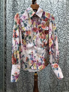 

2020 Spring and Summer New Women's Lapel Chest Symmetrical Pocket Printing Long Sleeve All-match Shirt Shirt 404