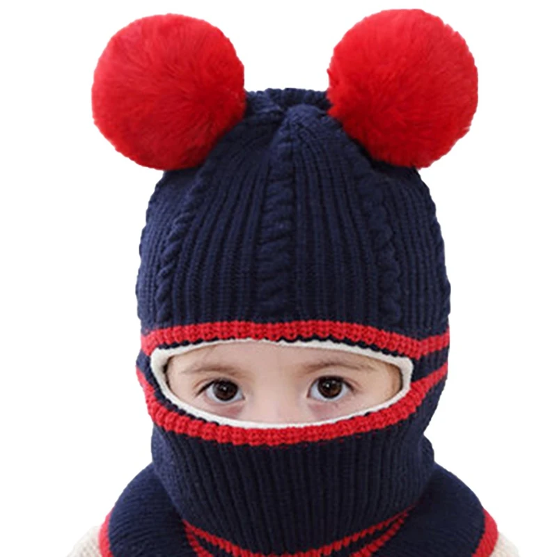 Модные шапки с помпонами для детей, шарф с капюшоном для маленьких мальчиков и девочек, шапка, зимний теплый вязаный шарф с клапаном, 47-54 см