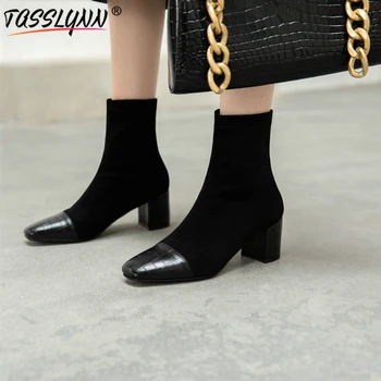 

TASSLYNN 2020 Elegant Winter Boots Women Basic Round Toe Slip-On Flock Ankle Boots Square Heel Patchwork Women Shoes 34-43