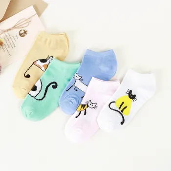 

5 Pairs New Women Cotton Ankle Socks Cute Cat Comfortable Candy Color Funny Socks Casual Animal Cartoon Socks For Girls