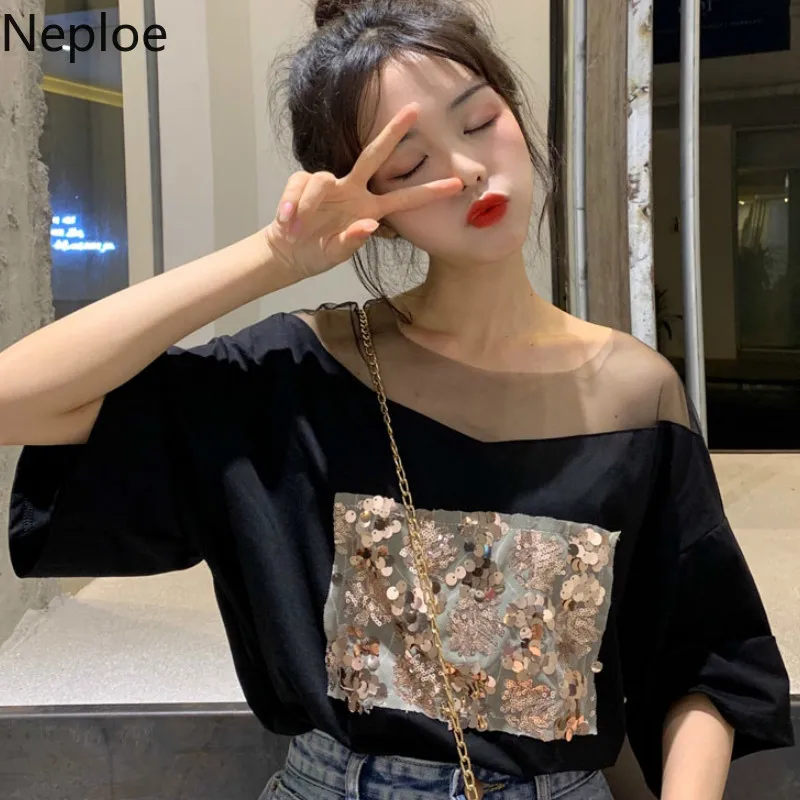

Neploe Sequined Mesh Patchwork T Shirts Women Summer 2019 New O-Neck Short Sleeve Ladies Tops Loose Korean Tees 44037