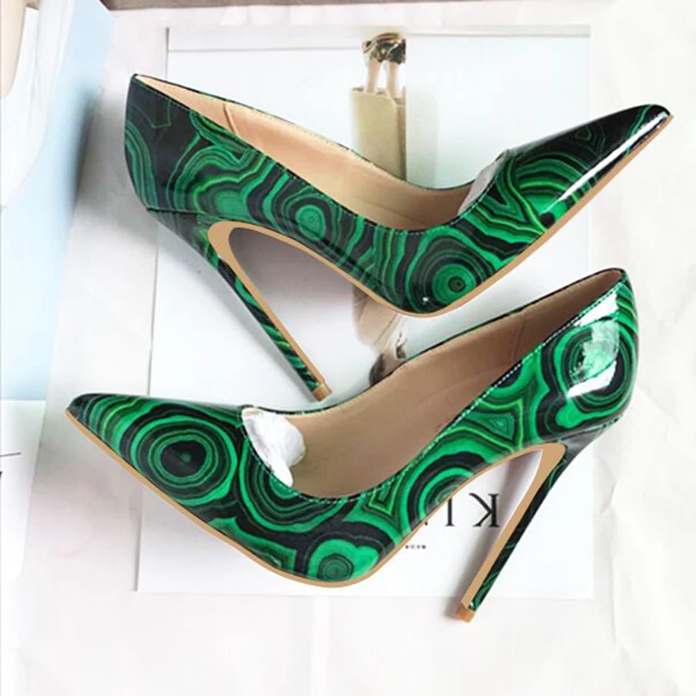 Keshangjia/Новинка сезон весна осень зеленые туфли на шпильке с принтом каблук 12 см
