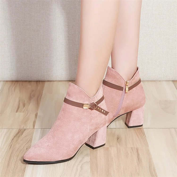 Пикантные женские сапоги на высоком каблуке; розовые полусапожки на молнии; обувь телесного цвета на каблуке; женские сапоги на квадратном каблуке - Цвет: B pale pinkish gray