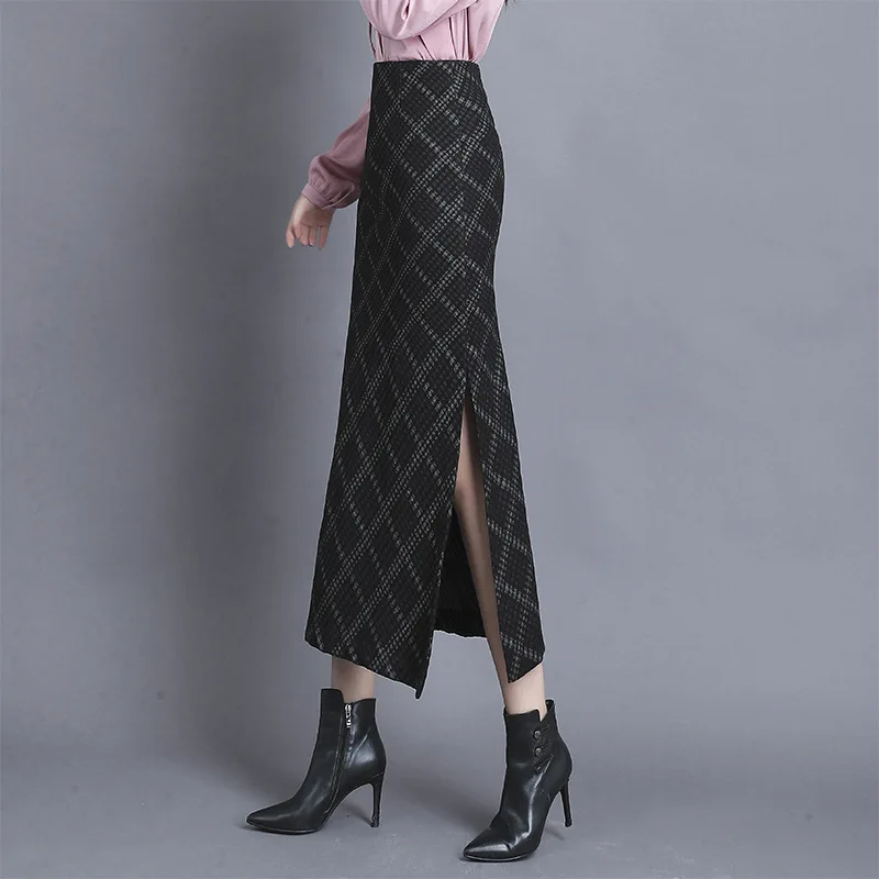 Two Sides Slit Sexy Pencil Skirt Women Long Plaid Skirt Autumn Winter Thicken Warm High Waist Vintage Skirt Lady 3543LY
