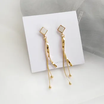 

S925 Silver Needle Geometry Square Ear Stud Long Bending Stick Slimming of Ear Stud Elegant Tassels Cool Earrings Women's H768