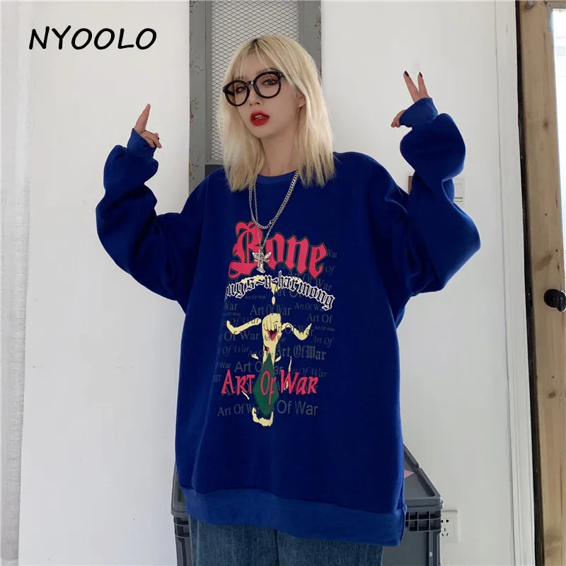 NYOOLO Harajuku уличная мультяшная печать с буквенным принтом теплая флисовая кофта осень-зима свободные пуловеры с круглым вырезом свитер женский топ
