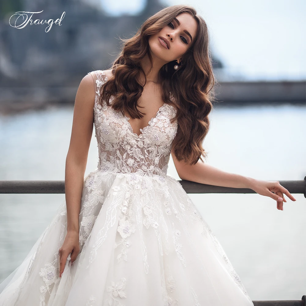 Traugel Sexy V Neck Ball Gown Lace Wedding Dress Elegant Sleeveless Backless Bead Bridal Dress Long Train Wedding Gown Plus Size Traugel Sexy V Neck Ball Gown Lace Wedding Dress Elegant Sleeveless Backless Bead Bridal Dress Long Train Wedding Gown Plus Size