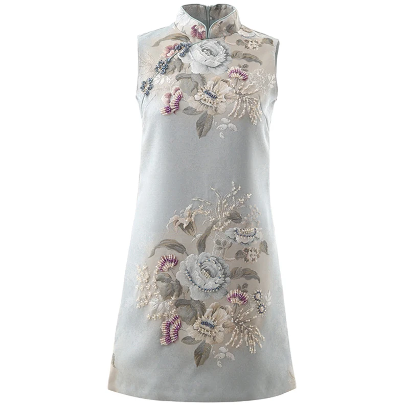 

Red RoosaRosee Classic Style Crystal Autumn Jacquard Sleeveless Woman Dress 2019 Elegant Stand Collar Flower Print Mini Dresses