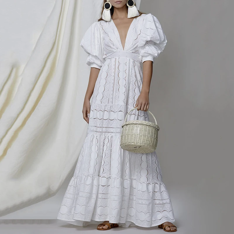 800.jpg TWOTWINSTYLE Elegant Lace Summer Dress Women V Neck Lantern Half Sleeve High Wiast Ruched Hollow Out Dresses For Female Fashion