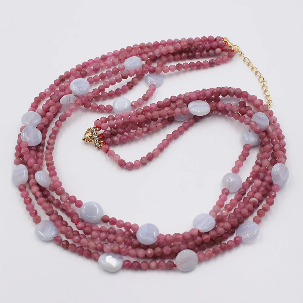 6 Strands Red Round Faceted Tourmalines Blue Agate Chalcedony Necklace Fashion Jewelry