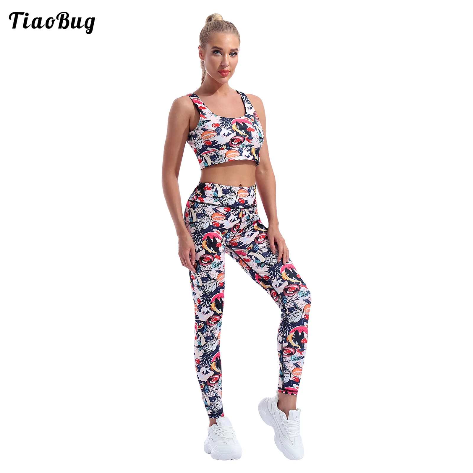 

Summer Women 2Pcs Fruit Floral Print Sport Yoga Set U Neck Wide Shoulder Straps Sleeveless Copped Top Pants Set For Gym Fitnes