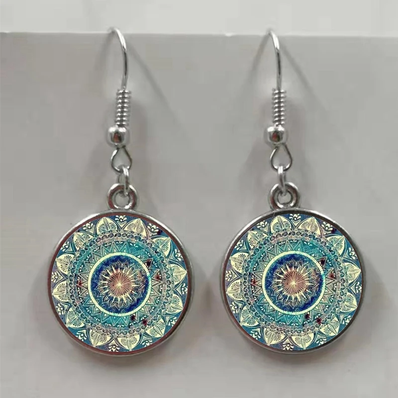 Glass Earrings Women Jewelry Fashion Zen Henna Buddhist Om Symbol Mandala-Art-Picture