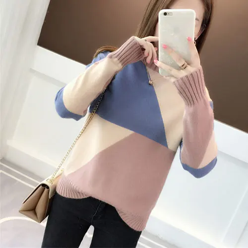 Pink Collar Женский вязаный свитер с длинным рукавом TIGENA, прекрасный Контрастный цвет пуловер, водолазка, джемпер для женщин на осень-зиму - Цвет: Pink Collar