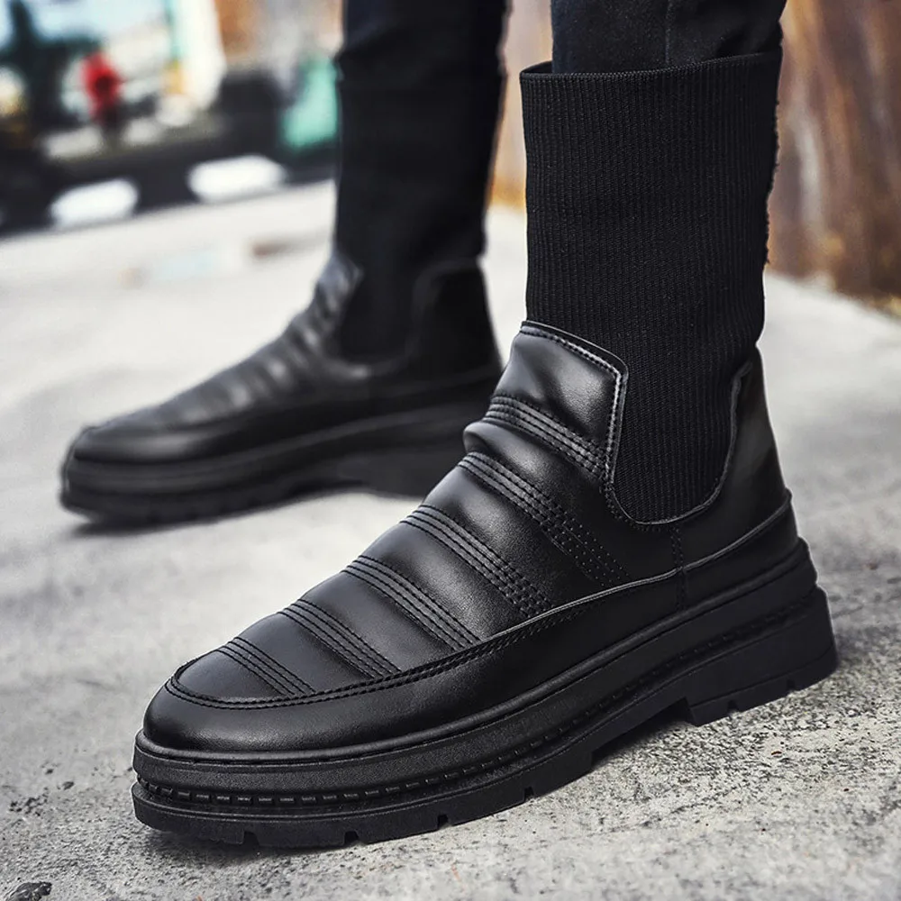 

PU leather Plush lining Mens Snow Boots Knit stitching Shoes High quality Sneakers Men Boots Winter Shoes Business Outdoor