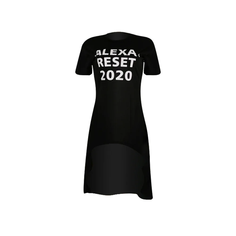 Echoine 2020 Summer Alexa Reset 2020 Letter Print Women O-neck Short Sleeve Irregular Long T-shirt fashion casual Party Tee
