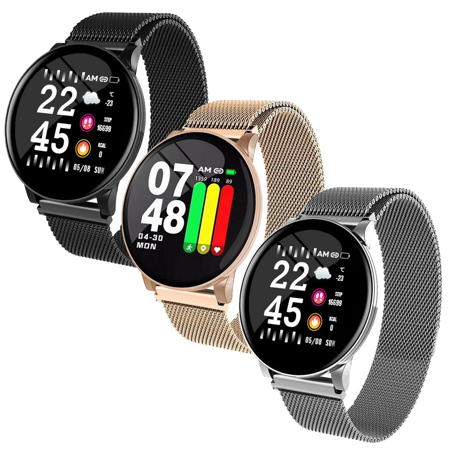 Gosear Bracelet Wristband W8 Waterproof Smart Watch Smartwatch Sport Fitness Tracker with Stainless Steel Strap 1.3inch Display