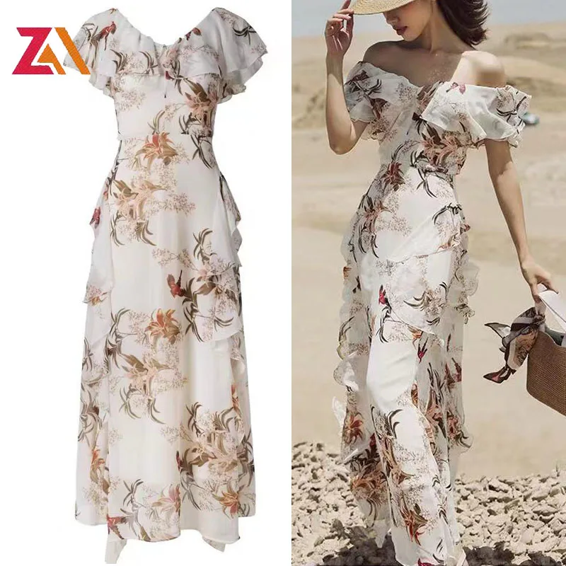 ZALady Holiday Beach Ruffles Slash Neck Maxi Dresses Women Floral Elegant Sexy Party Evening Summer Dress Femme платье летнее |