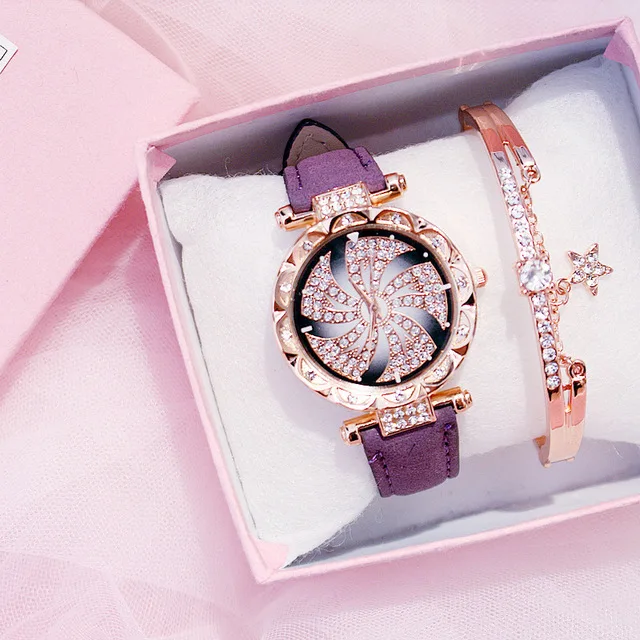 QMXD, женские часы, роскошные, звездное небо, женские часы-браслет, повседневные, кожа, Женские кварцевые наручные часы, женские часы, relogio feminino - Цвет: PurpleColor Bracelet