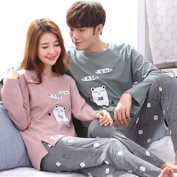 

Tong Sleep Couple Pajamas Female Autumn Combed Cotton Cartoon Long Sleeve Trend Leisure Tops Men's Winter Suit