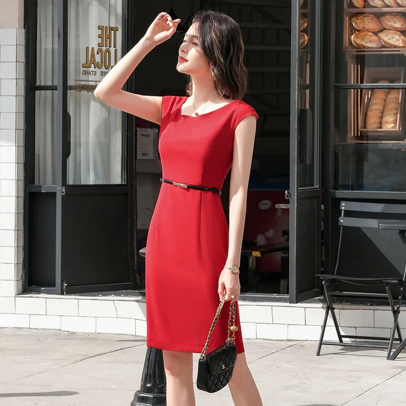 2021 Summer Red Short Sleeve Dresses with Belt Uniform Styles Dress for Women Business Work Wear Ladies Career Interview | Женская