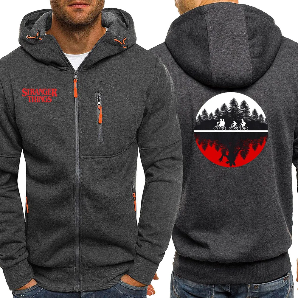 Koop Hot Koop Hooded Heren Herfst Sportkleding Stranger Dingen Vintage Print Casual Jas Fleece Jassen Rits Mannelijke Sweatshirt Hoodie