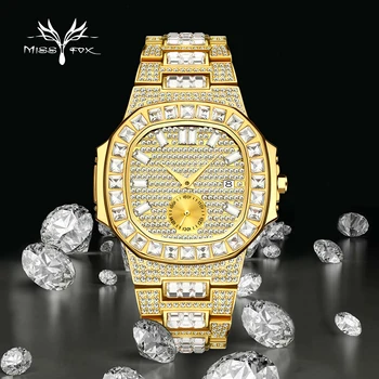

MISSFOX Gold Watch Men Top Brand pp Fashion Classic Diamond Iced Out Square Watches Double Dial Waterproof Clock Dropshipping
