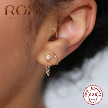 ROXI Luxury 925 Sterling Silver Drop Chain Stud Earrings AAAAA Zircon Crystal Wild Earrings for Women Piercing Earing Jewelry