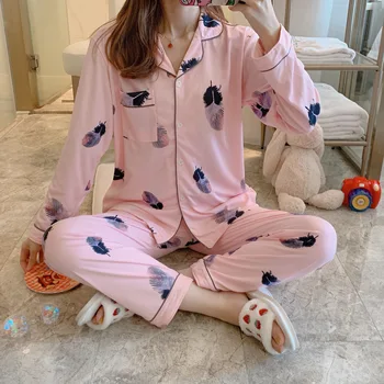 

2020 New Sleepwear Home Clothing Cotton Pijama Mujer Long-sleeved Pants Pajamas For Women Ladies Home Wear Women's Pajamas Large