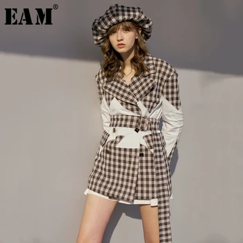 

[EAM] Loose Fit Plaid Contrast Color Split Bandage Jacket New Lapel Long Sleeve Women Coat Fashion Tide Spring 2020 1S0101