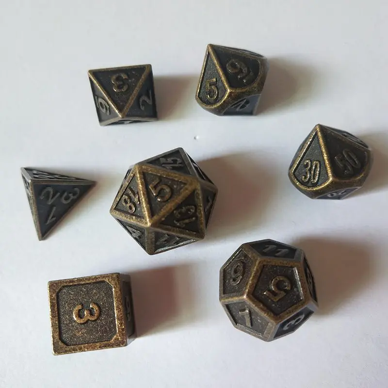 7Pcs Copper Color Retro Metal Polyhedral Dice Mtg Set Table Board Games Outdoor Bar Family Party With Bag