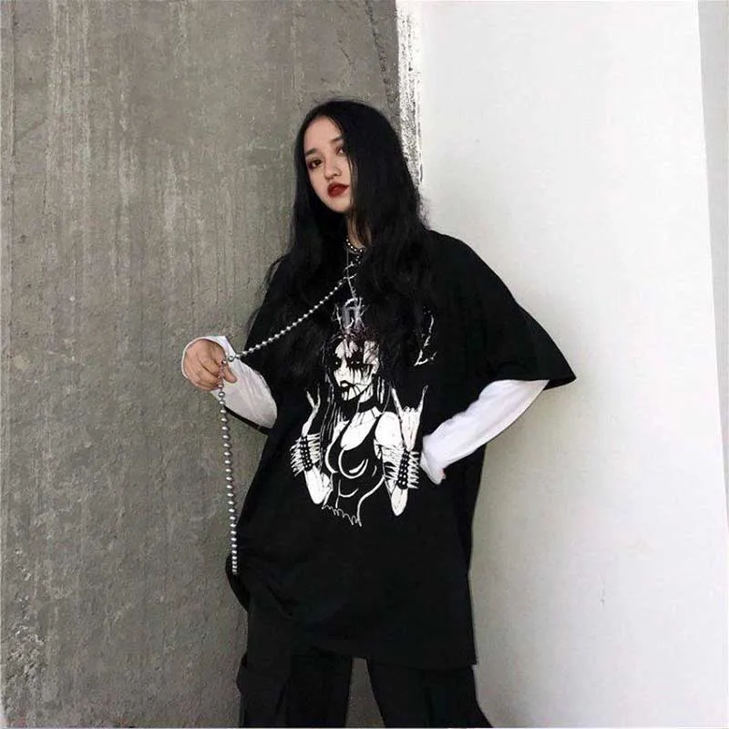 NiceMix Harajuku, Темная футболка с мультяшным принтом, Поддельные 2 штуки, пэчворк, Повседневная футболка с длинным рукавом, женская и Мужская Уличная одежда, топы