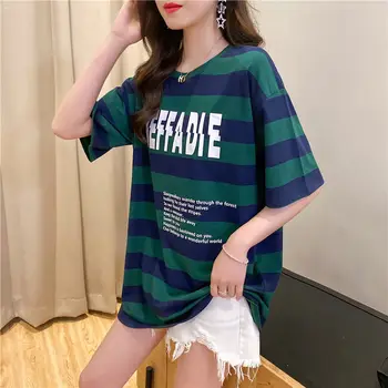 

Chubby mm sister summer Korean women's loose show thin stripe top westernized age covered stomach large short sleeve T-shirt
