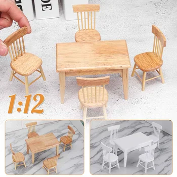 

LBLA 5Pcs 1:12 Furniture Toys Dining Chair Table Furniture Set For Doll house Kids Toys Dollhouse Kitchen Wooden Miniature Model