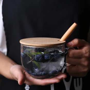 

Japanese glass cup milk breakfast cup household water cup coffee milk tea oatmeal cup with lid spoon can be heated in CL60306