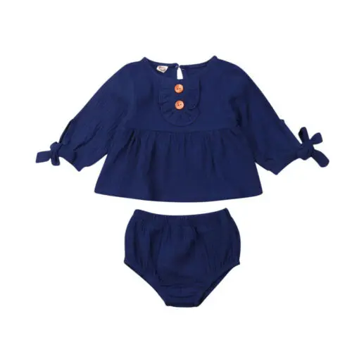 6 Цвета одежда для малышей плотное платье для девочек, топы с длинными рукавами шорты из хлопчатобуманой ткани "канифас" комплект одежды осенняя одежда - Цвет: Синий