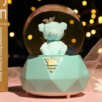 

Romantic Couple Flamingo Bear Crystal Ball Crown Bear Music Box Automatic Snowing with Snowflakes Night Light Snow Globes Ball