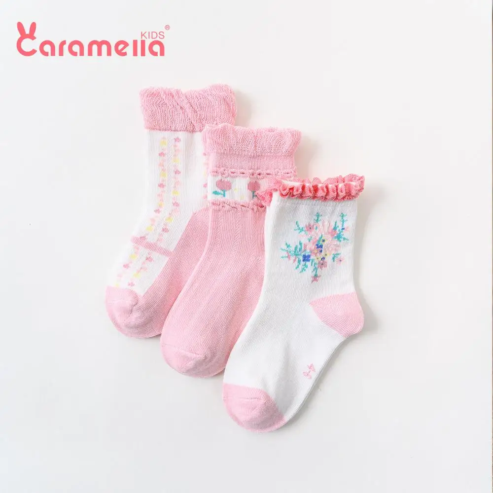 Caramella/Новинка года, розовые кружевные носки с цветочным узором для маленьких девочек милые детские носки из чесаного хлопка с кружевом мультяшный мешок для подарков посылка, 3 пары
