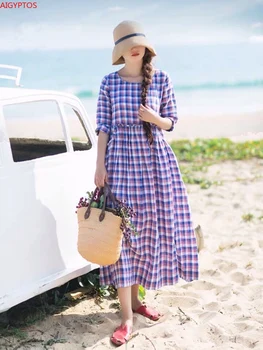 

AIGYPTOS Original design linen plaid striped 2020 spring and summer new loose temperament literary thin dress female