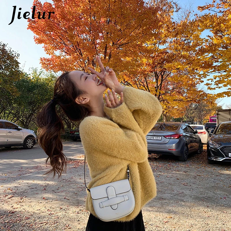 Jielur Women Sweater Solid Color Pullover Autumn O-neck Femme 2020 New Spring S-L Knitted Sweaters Loose Chic Pink Pullovers