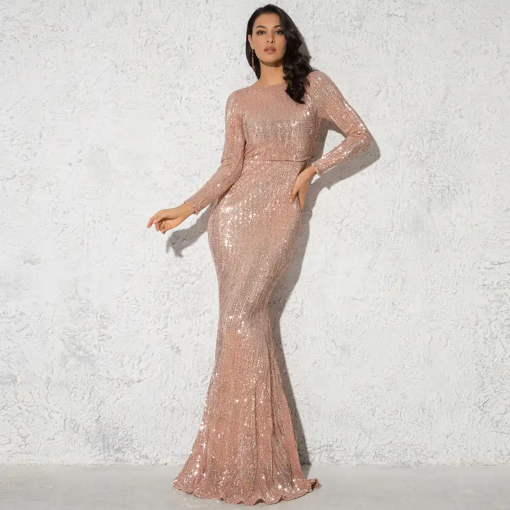 2019 Elegant O Neck Long Sleeve Sparkle Sequin Maxi Dress
