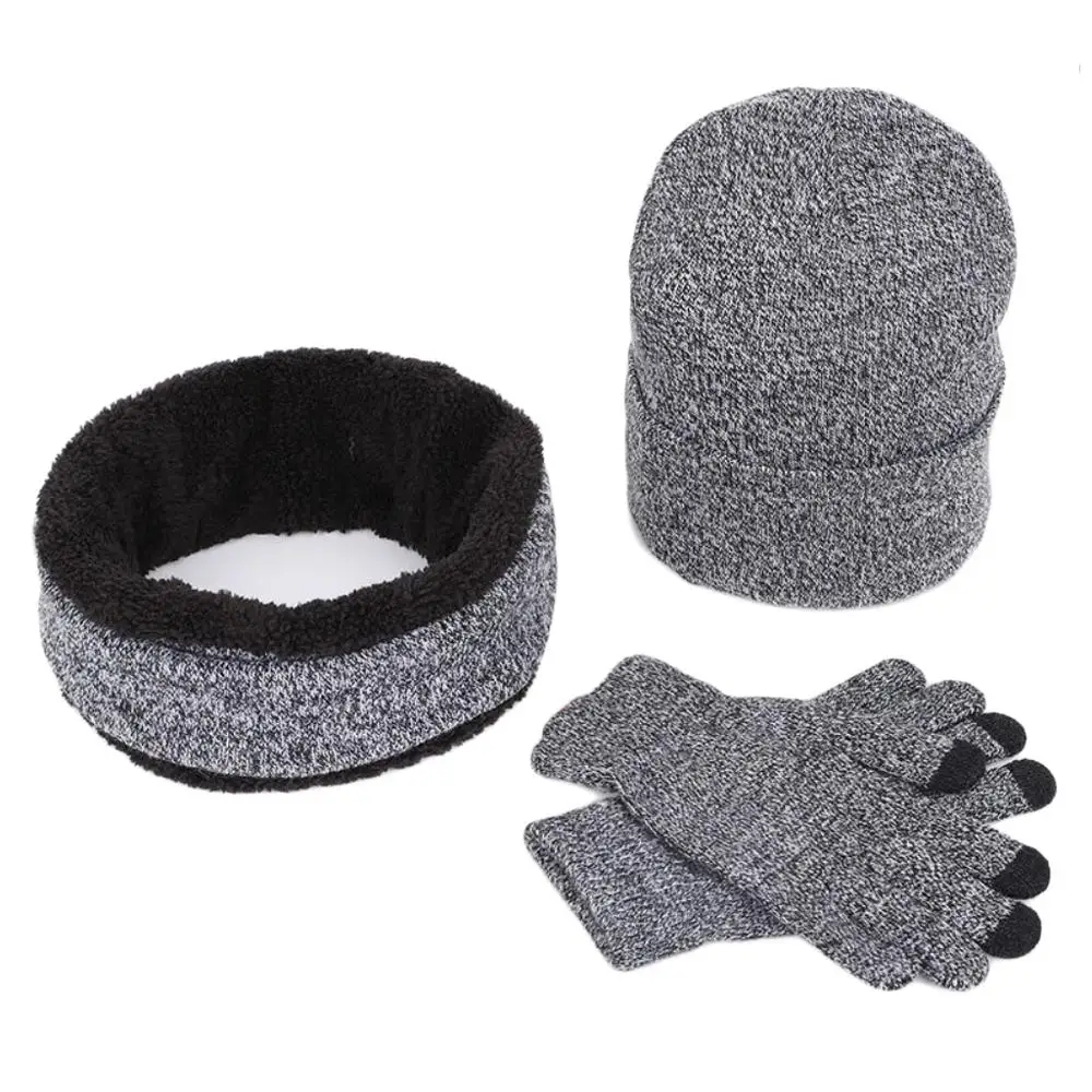 Зимняя шапка бини для женщин и мужчин, шарф бесконечности, перчатки с сенсорным экраном, набор из 3 предметов, вязаный комплект, утепленная плюшевая подкладка, теплые зимние лыжные перчатки - Цвет: LG