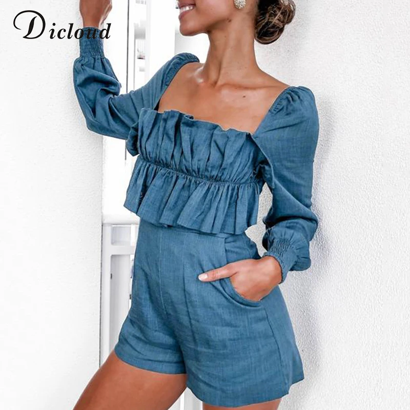 

DICLOUD Casual Blue Square Collar Rompers Womens Jumpsuit Cotton Long Sleeve Bodysuit 2019 New Autumn Short Overalls Female