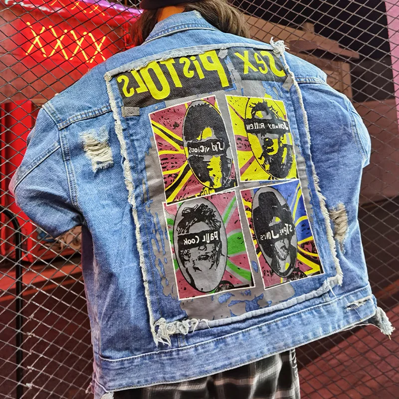 Ripped Jeans Jacket Women Graffiti 
