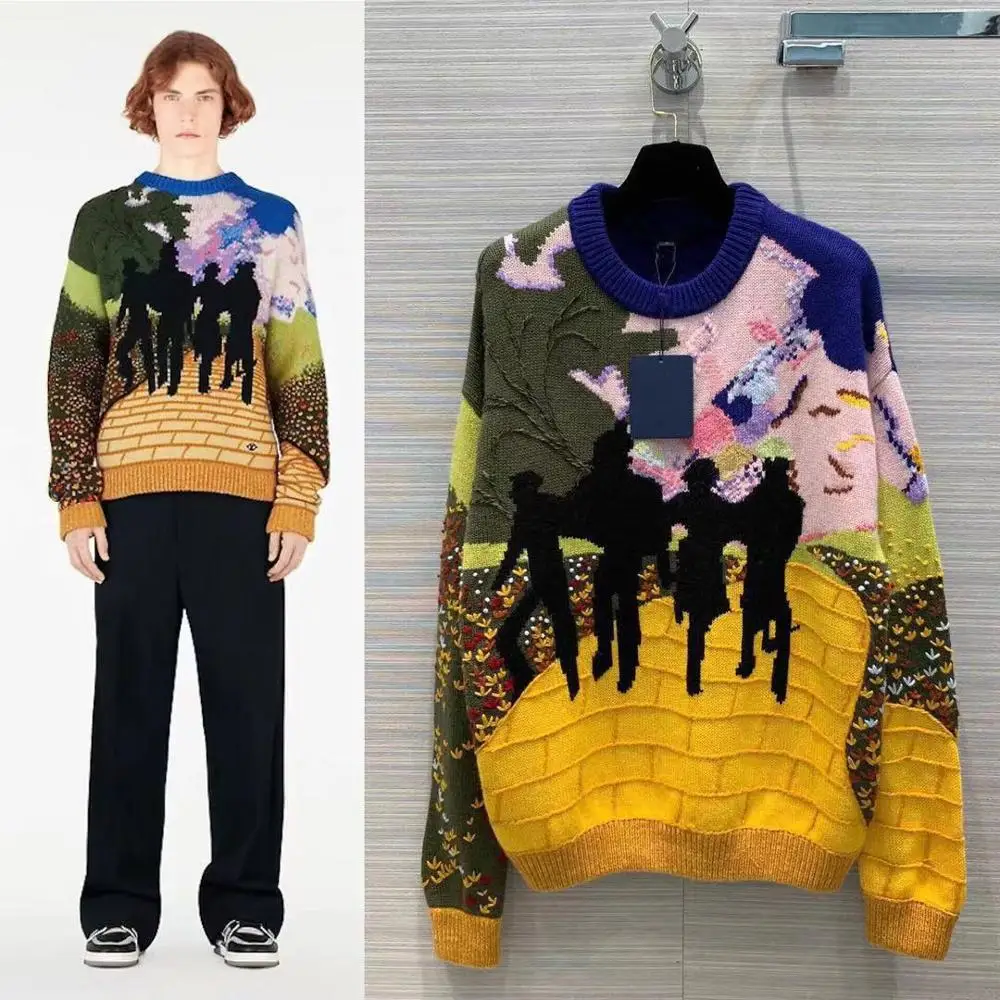 

2019 High Quality Silk Autumn Clothes Fashion Yellow Cashmere Sweater Fashion Embroidery Print Wool Pullover